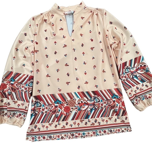 Vintage tunic acorn autumn print v-neckline bloused sleeves hippy - Picture 1 of 16
